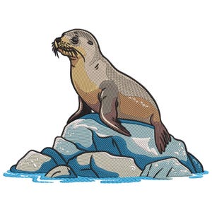 Seal on Rocky Shore Embroidery Design, Children&#39;s Seal Embroidery File, Fish Embroidery Design, Sea Animal Machine Embroidery File