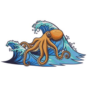 Octopus in Waves Embroidery Design, Octopus Machine Embroidery File, Octopus Sea Animal Embroidery, Machine Embroidery File, Embroidery file