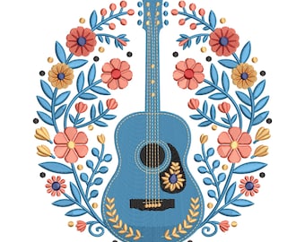 Floral Acoustic Guitar Embroidery Design, Music Guitar Machine Embroidery File, Instant Download