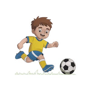 May include: A cartoon illustration of a young soccer player in a yellow and blue uniform kicking a black and white soccer ball. The player is running on a patch of green grass.