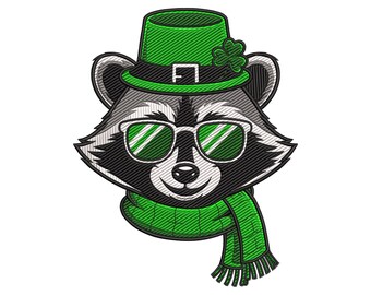 Diseño de bordado de mapache para el Día de San Patricio, archivo de bordado a máquina de mapache con trébol de la suerte, descarga instantánea