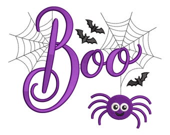 Boo Halloween Embroidery Design, Purple Spider & Web Machine Embroidery Digital File, Instant Download