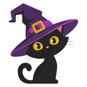 May include: A black cat wearing a purple witch hat with a gold buckle. The cat has large yellow eyes and a pink nose. The image is a cartoon-style illustration, perfect for Halloween-themed crafts or decorations.
