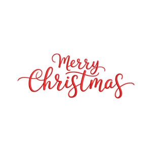 Könnte beinhalten: Roter Schreibschrift-Text auf weißem Hintergrund mit der Aufschrift „Merry Christmas“. Die Schrift ist elegant und fließend, mit einem festlichen Thema. Das Design ist schlicht und sauber, perfekt für saisonale Grüße.