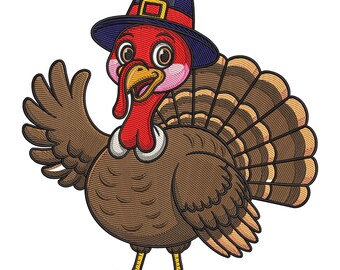Thanksgiving Turkey with Pilgrim Hat Embroidery Design, Holiday Machine Embroidery Digital File, Instant Download