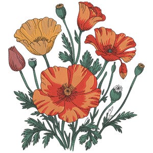 Wild Poppy Garden Embroidery Design, Poppy Flowers Machine Embroidery File, Wildflower machine embroidery File, Digital Flower Embroidery