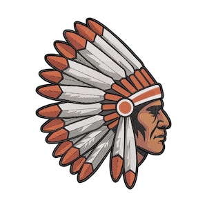 May include: Embroidered design of a Native American chief in profile, wearing a feathered headdress. The headdress features white and orange feathers, with a brown and orange headband. The chief's face is detailed with brown skin and black outlines.