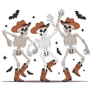 Dancing Cowboy Skeletons Embroidery Design: Halloween Bats, Boot Scootin Dance Machine Embroidery File