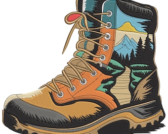 May include: An embroidered hiking boot with a landscape design. The boot is mainly orange, brown, and black, with a detailed mountain and forest scene on the side. It has tan laces and a rugged sole, ideal for outdoor pursuits.