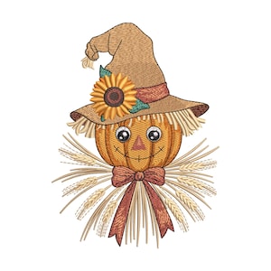 Maschinenstickmuster „Kürbis-Vogelscheuche“: Herbstliche Ernte-Applikation, Halloween-Vogelscheuche, Sonnenblume & Schleife