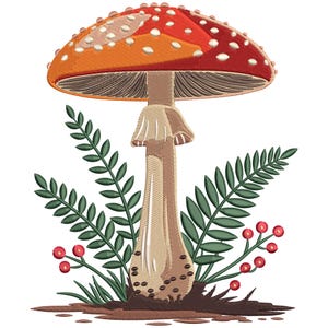 Whimsical Mushroom Embroidery Design: Woodland Toadstool, Ferns Flowers Machine Embroidery File (Instant Download)
