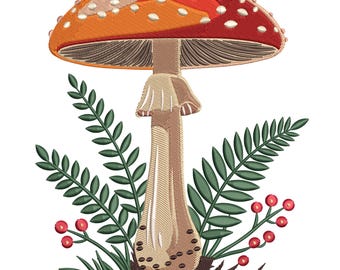 Whimsical Mushroom Embroidery Design: Woodland Toadstool, Ferns Flowers Machine Embroidery File (Instant Download)