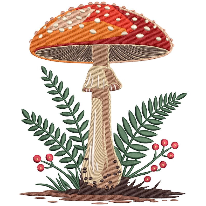 May include: Embroidered illustration of a red and orange mushroom with white spots, surrounded by green ferns and red berries. The mushroom has a beige stem and a detailed, textured design, set against a white background.