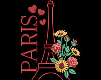 Paris Eiffel Tower Floral Embroidery Design, Romantic Paris Machine Embroidery File, Instant Download