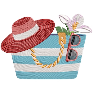 Peut inclure: Illustration sur le thème de la plage avec un chapeau de soleil rayé rouge et blanc, un sac fourre-tout rayé bleu et blanc, des lunettes de soleil roses et une fleur blanche avec des détails violets. Le sac a une anse en corde dorée.