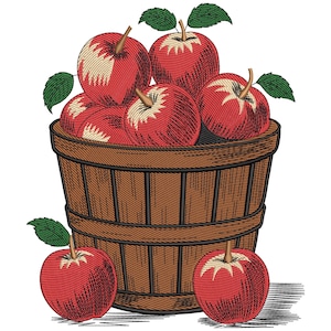 May include: A digital illustration of a wooden basket overflowing with red apples. The apples have green leaves and brown stems. Two apples are outside the basket. The basket is brown with vertical wooden slats.