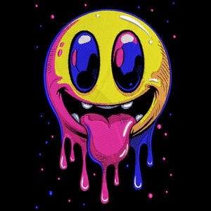 May include: Embroidered design of a yellow smiley face with large blue eyes and a pink tongue dripping down. The smiley face has a wide grin and is set against a black background with small pink and blue dots.