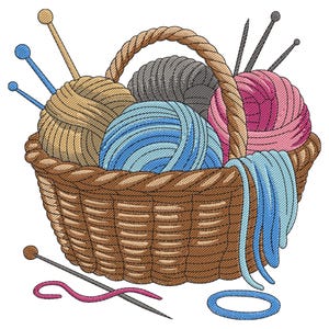 Peut inclure: Un panier en osier marron rempli de pelotes de laine de différentes couleurs, dont beige, gris, rose et bleu. Des aiguilles à tricoter et un marqueur de point bleu sont également visibles. Le panier a une anse tressée et une écharpe de fil bleu.