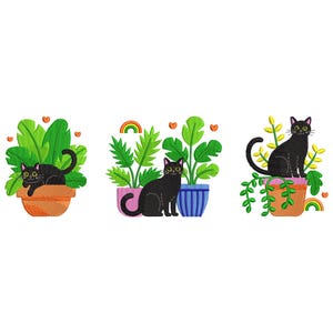 Black Cats & Houseplants Embroidery Design, Cute Cats Embroidery File, Animal Embroidery Machine File, Machine Embroidery Design PES, EMB