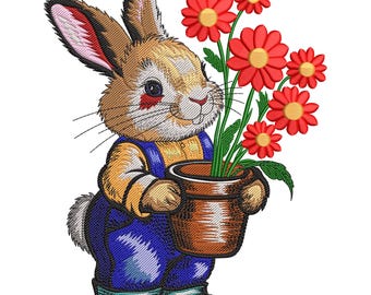 Flower Pot Bunny Embroidery Design: Easter Bunnies, Rabbit with Flowers Tree Machine Embroidery File