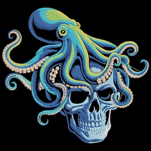 Blue Octopus and Skull Embroidery Design, Cute Sea Life machine embroidery File, Octopus with Fireflies Machine Embroidery Design