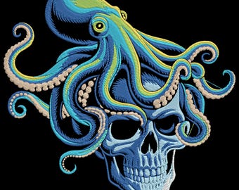 Diseño de bordado de pulpo azul y calavera, archivo de bordado a máquina de linda vida marina, diseño de bordado a máquina de pulpo con luciérnagas