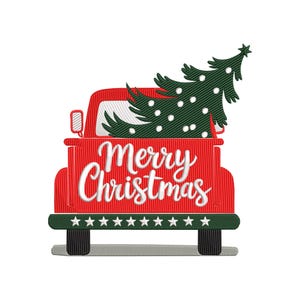 May include: Red truck with a Christmas tree in the back, embroidered with white thread. The words "Merry Christmas" are embroidered on the side of the truck. The truck has black wheels and a green bumper with white stars.