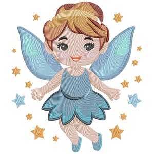 Peut inclure: Motif brodé d'une fée aux cheveux châtain clair, aux ailes bleues et à la robe bleue. La fée est entourée d'étoiles dorées et bleues. Le motif est probablement destiné à un vêtement d'enfant ou à un projet d'artisanat.