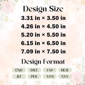 Op de afbeelding: Een digitale afbeelding met de tekst "Design Size" en afmetingen in inches: 3.31 x 3.50, 4.26 x 4.50, 5.20 x 5.50, 6.15 x 6.50 en 7.09 x 7.50.  Daaronder staat "Design Format" met bestandstype afkortingen zoals CND, DST, EXP, HUS, JEF, PES, VP3 en XXX.