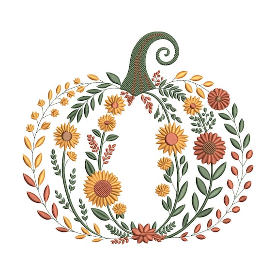Floral Pumpkin Embroidery Design: Thanksgiving Autumn Leaves & Flowers Machine Embroidery Digital File, Instant Download