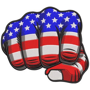 May include: Embroidered patch featuring a clenched fist design. The fist is colored with the American flag, displaying red and white stripes, blue with white stars, and outlined in black. The design is detailed with textured stitching.