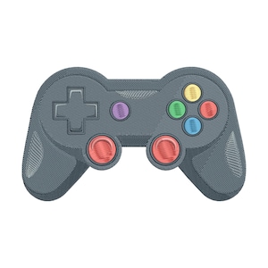 May include: A dark grey embroidered video game controller patch featuring a directional pad on the left, two red circular buttons at the bottom, a purple button in the centre, and four coloured action buttons in yellow, green, red, and blue.