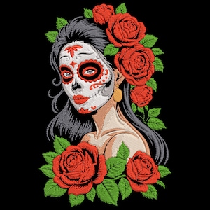 Peut inclure: Image brodée d'une femme au visage de tête de mort, ornée de roses rouges et de feuilles vertes. La femme a de longs cheveux noirs et porte des boucles d'oreilles dorées. Le fond est noir uni.