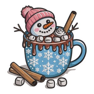 Puede incluir: Ilustración de un muñeco de nieve con gorro rosa, saliendo de una taza azul de chocolate caliente. La taza está decorada con copos de nieve y goteo de chocolate. Palitos de canela y malvaviscos completan la escena invernal.
