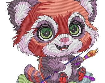 Red Panda Artist Embroidery Design, Colorful Animal Machine Embroidery Digital File, PES, DST more