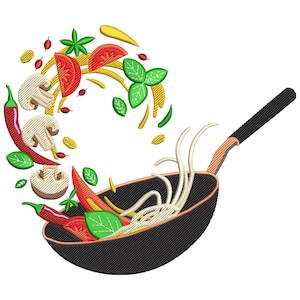 May include: An embroidered design of a black wok filled with noodles, surrounded by flying ingredients. Red chili peppers, tomato slices, mushrooms, and basil leaves are scattered around the wok, creating a dynamic culinary scene.