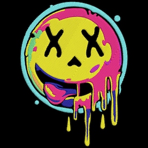 May include: Embroidered patch featuring a colorful, stylized smiley face with X eyes and a dripping design. The face is yellow with pink, blue, and green accents, outlined in light blue, on a black background.