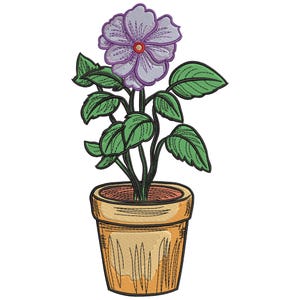 May include: An embroidered image of a potted flower. The flower has purple petals with a red center. The green leaves are detailed with dark green veins. The pot is a light brown color with vertical lines.