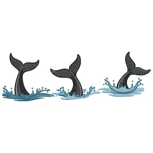 Puede incluir: Tres diseños bordados de colas de ballena negras con salpicaduras de agua azules. Las colas están detalladas con costuras texturizadas, y los efectos de agua añaden un elemento dinámico. Ideal para manualidades o ropa de temática náutica.