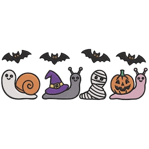 May include: Embroidered Halloween-themed designs featuring a ghost, snail with an orange shell, snail with a witch hat, mummy snail, and a snail with a jack-o'-lantern. Black bats are above the characters. The designs are in white, orange, purple, gray, and pink.