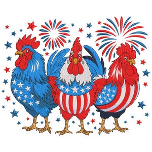 Patriotic Rooster Trio Embroidery Design, 4th of July Americana Chicken with Boots, USA Star Spangled Stitch File, Machine Embroidery Design