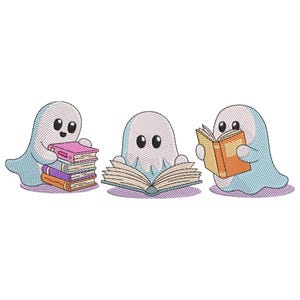Bookish Ghosts Embroidery Design: Halloween Boo Ghost Reading Book Machine Embroidery File, Instant Download
