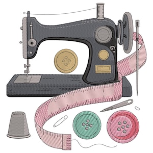 Vintage Sewing Machine with Sewing Tools Embroidery Design, Floral Sewing Machine Embroidery File,  Machine Embroidery Design