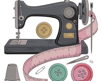 Diseño de bordado de máquina de coser vintage con herramientas de costura, archivo de bordado floral, diseño de bordado a máquina
