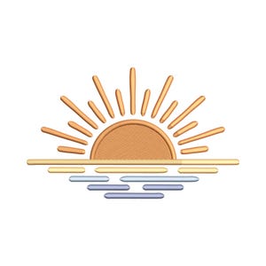Peut inclure: Motif brodé d'un coucher de soleil sur l'eau. Le soleil est un demi-cercle orange, avec des rayons. En dessous, des lignes horizontales représentent l'eau en jaune, bleu et violet. Design minimaliste.