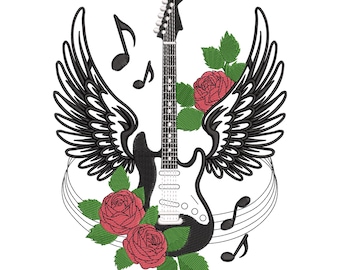 Winged Electric Guitar Embroidery Design, Rose Guitar Machine Embroidery File, Instant Download