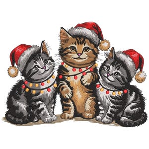 Desenho de bordado de gatinhos de Natal: arquivo digital de bordado à máquina de gatos festivos, download instantâneo