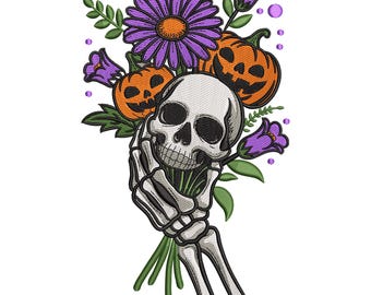 Diseño de bordado de mano de esqueleto con calabaza, archivo de bordado a máquina de ramo floral de calavera, descarga instantánea