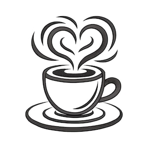 Puede incluir: Ilustración en blanco y negro de una taza de café sobre un platillo, con vapor en forma de corazón. La taza tiene un asa y está llena de café. El diseño es simple y elegante.