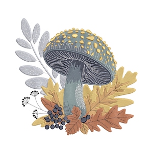 Peut inclure: Motif brodé d'un champignon bleu avec des taches dorées, entouré de feuilles d'automne marron et jaune, avec des feuilles grises et des baies noires. Le motif est sur fond blanc.